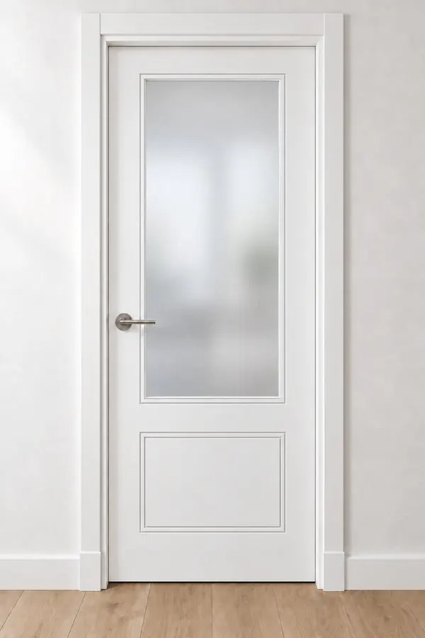 Visualización de catálogo HSM-02V Dos campos: puerta pantografiada lacada en blanco, con vidriera