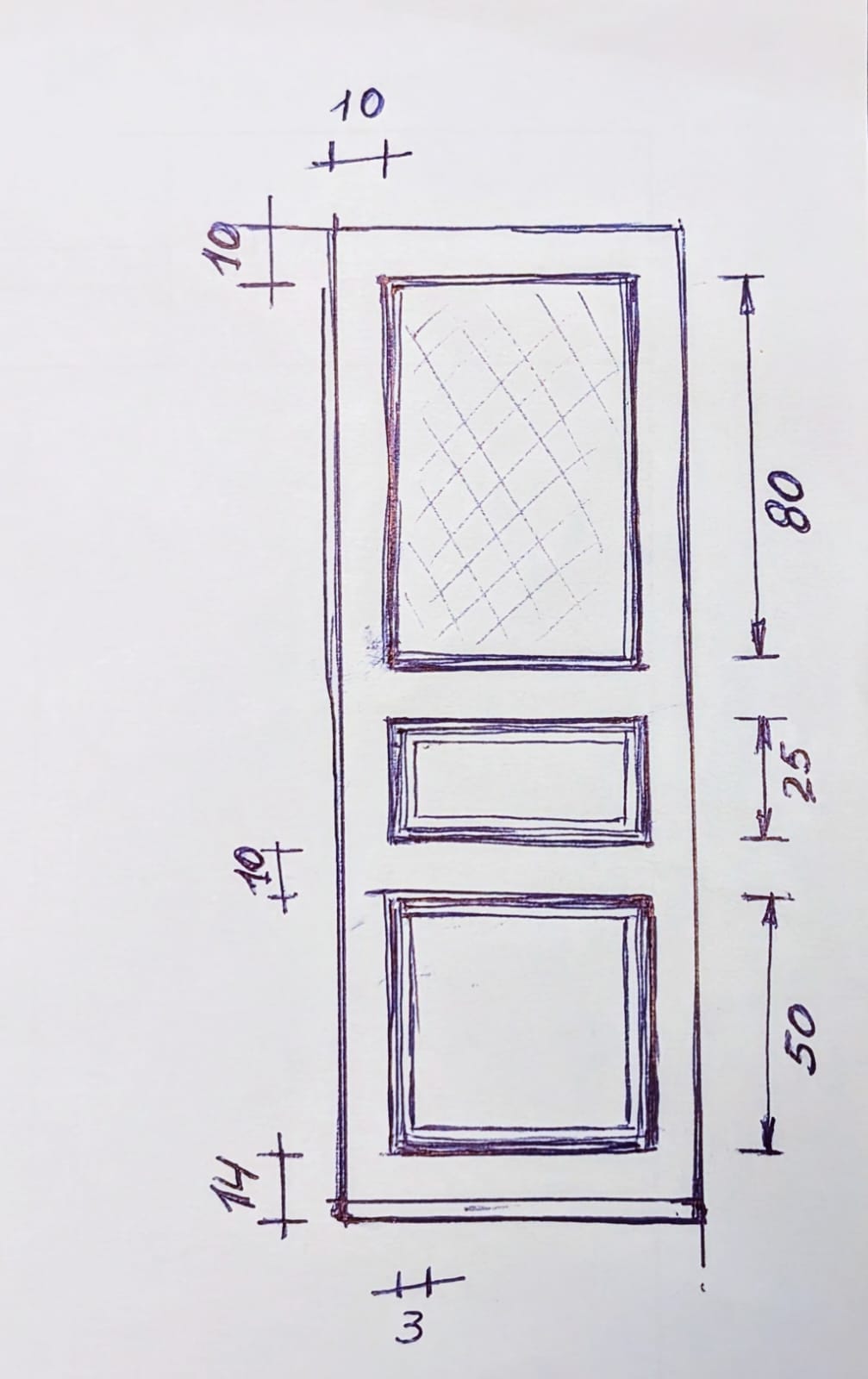 Boceto a mano del diseño de una puerta, con las medidas de cada panel
